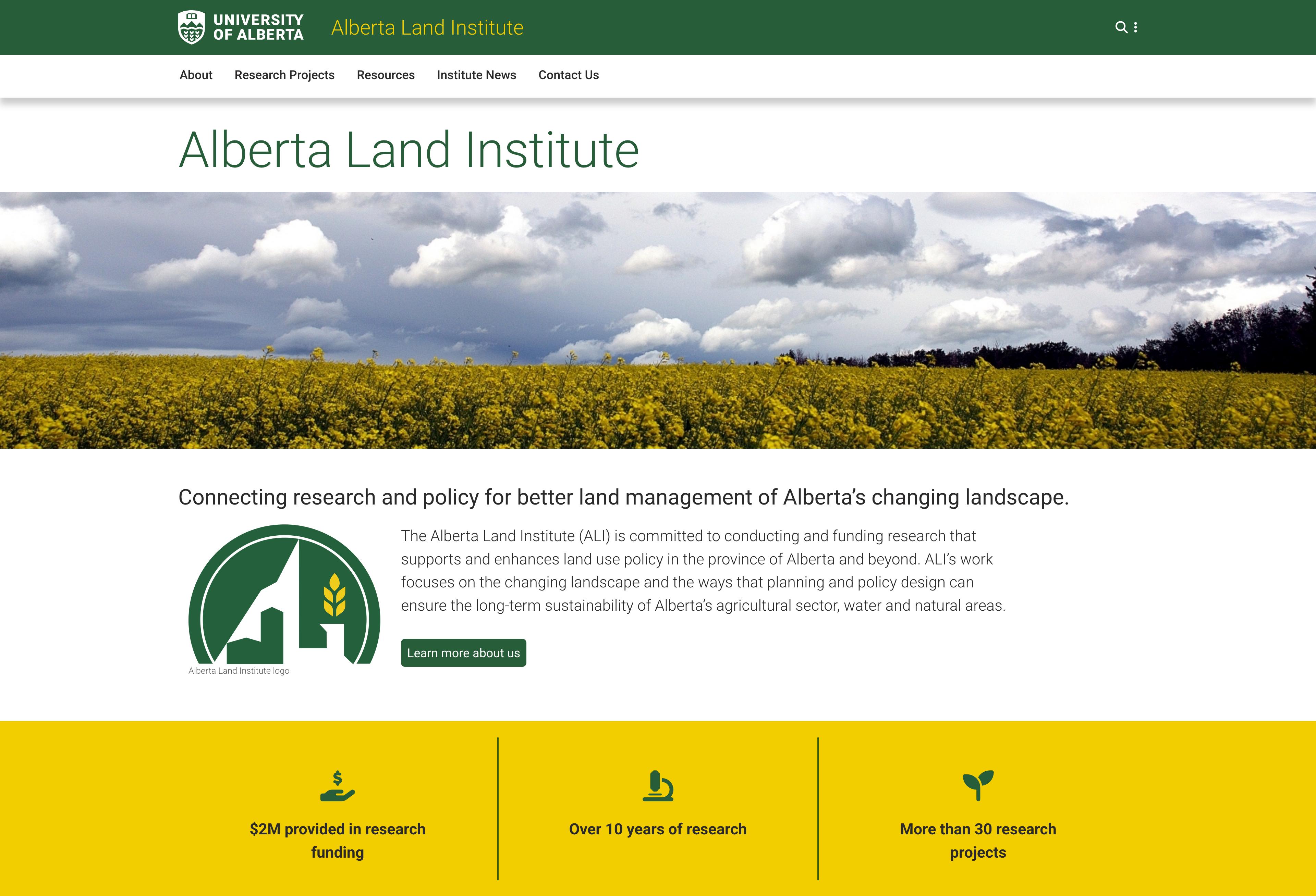Screenshot of the Alberta Land Institute landing page.