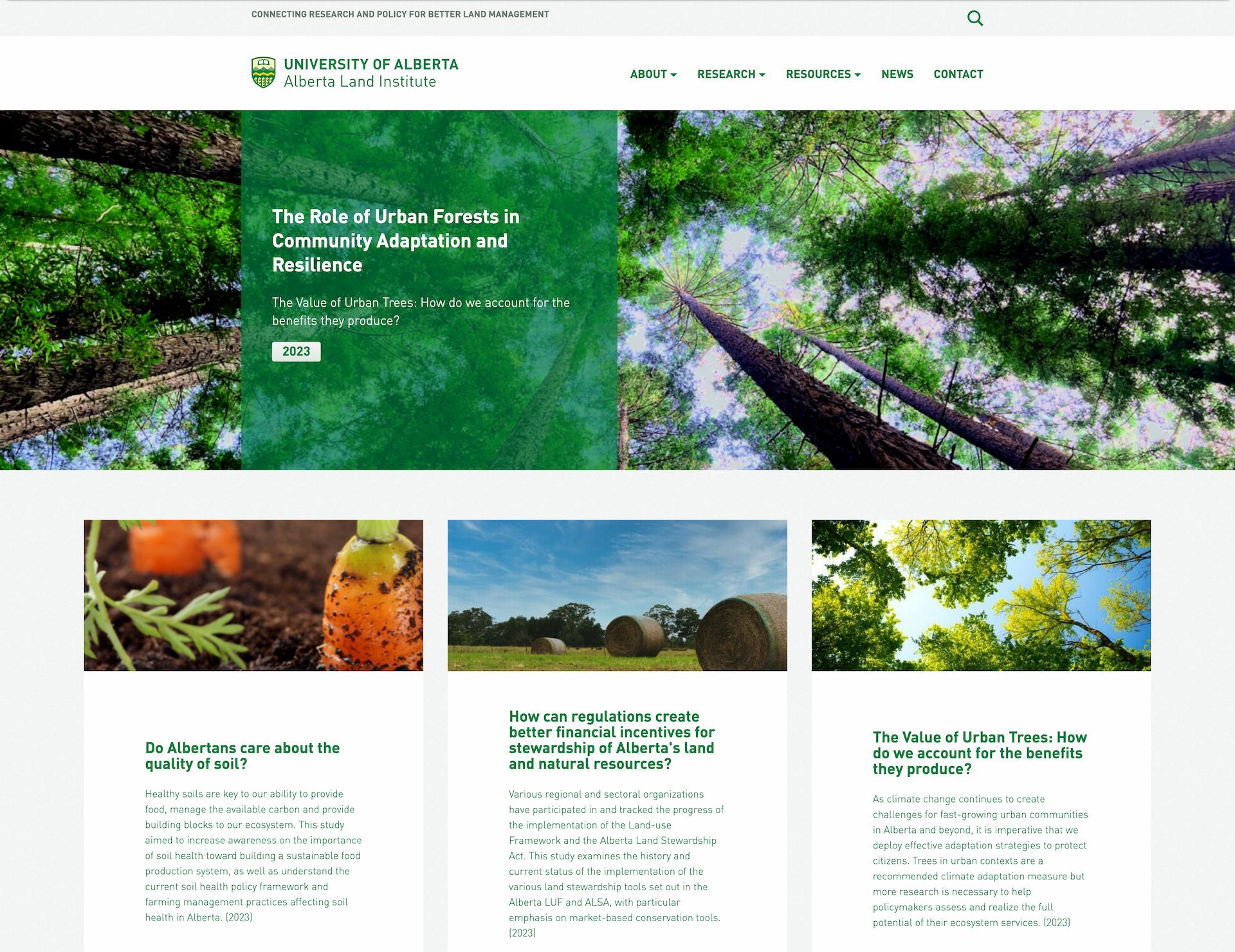 Screenshot of the old Alberta Land Institute landing page.