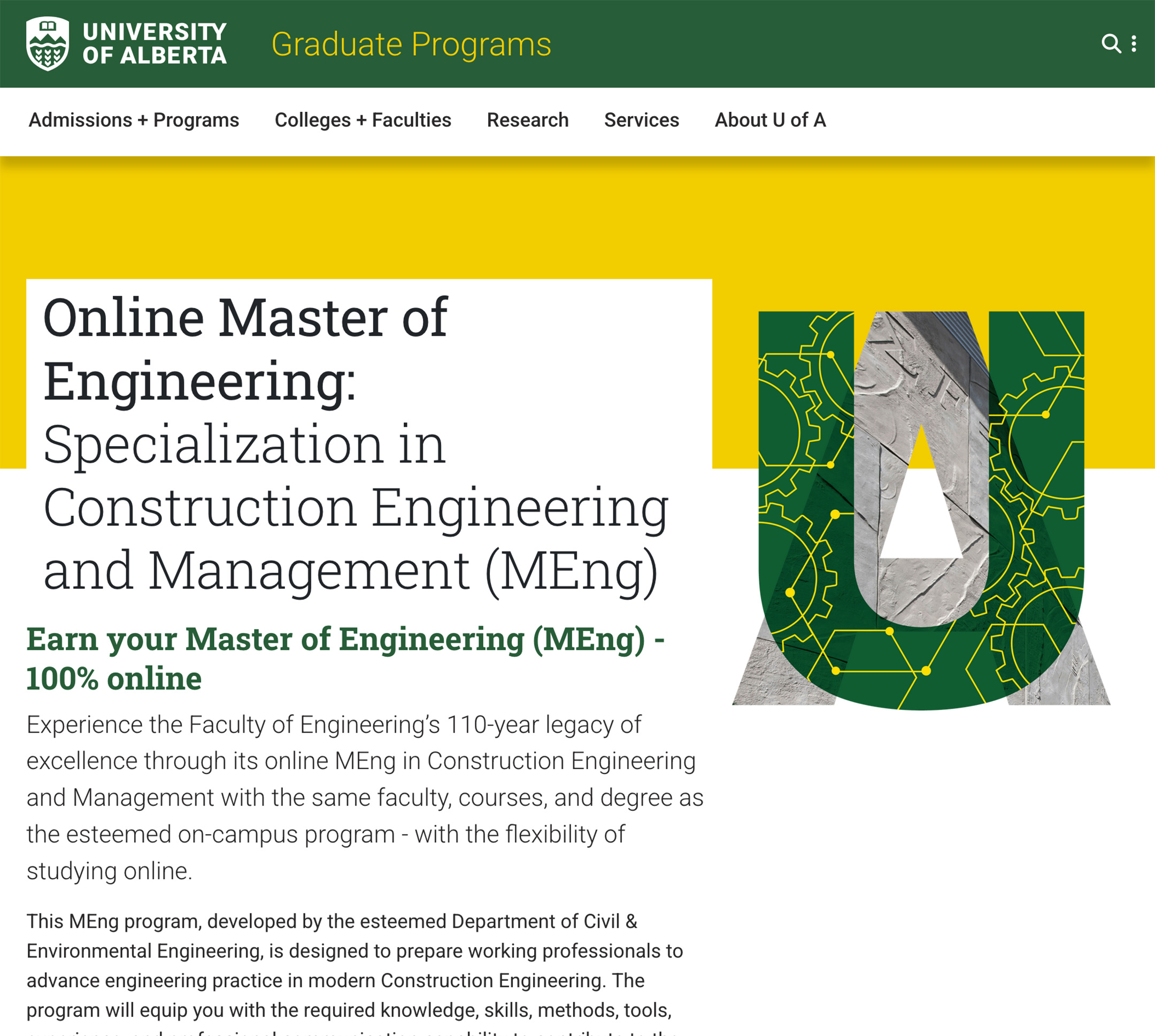 Screenshot of the University of Alberta Online Master of Engineering in Construction Engineering and Management Campaign Page