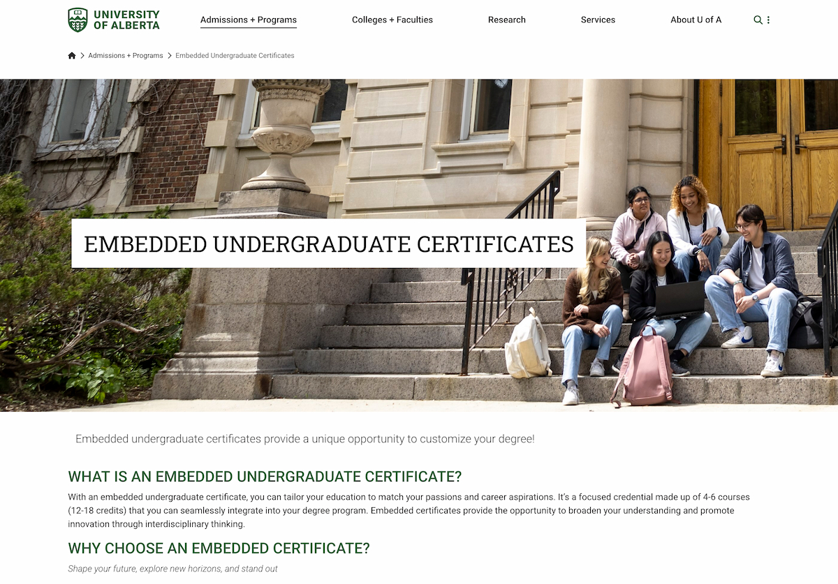 Screenshot of the Embedded Undergraduate Certificates landing page.